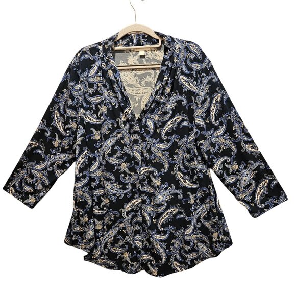 Charter Club Blouse Tunic Womens XXL Blue Paisley slinky flowy V-neck boho - Picture 1 of 13